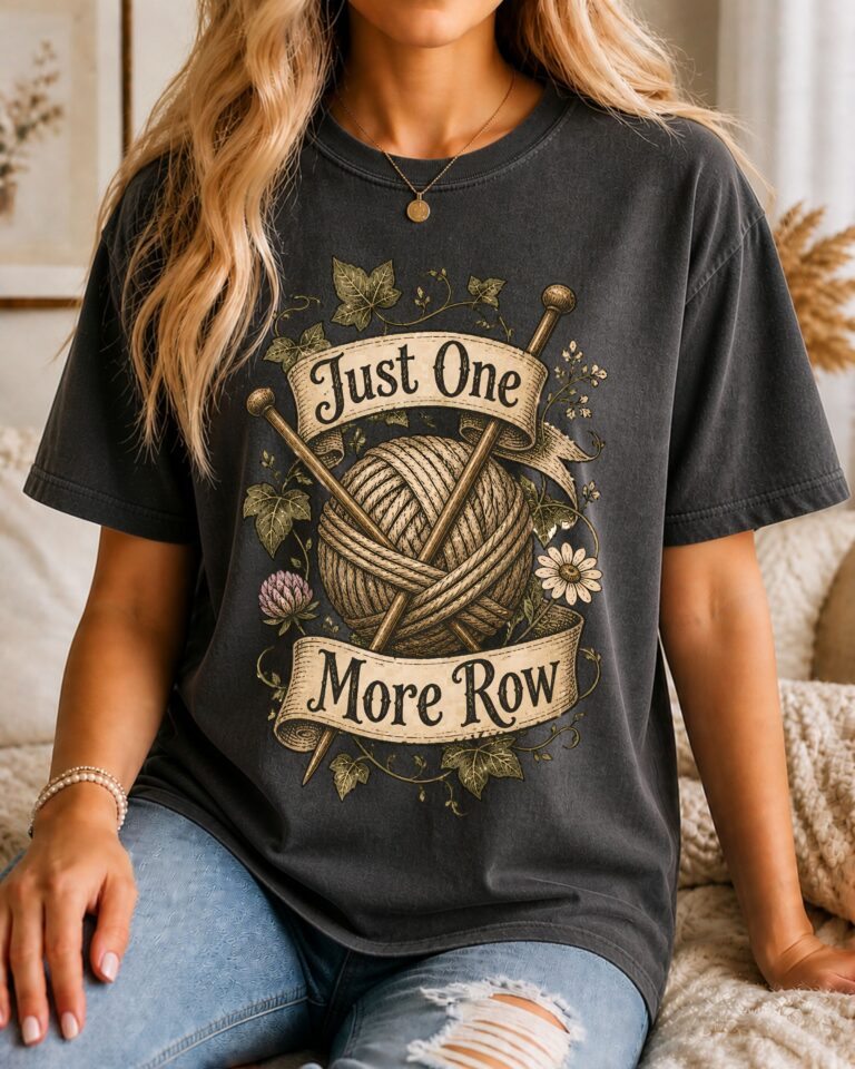 Softstead Just One More Row shirt with a yarn-themed illustration