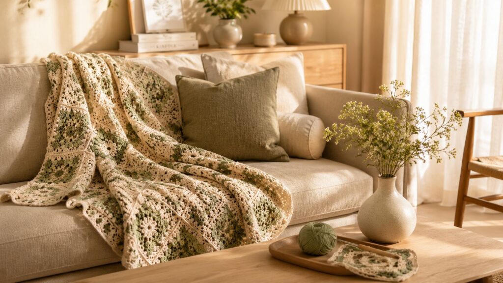 Cozy sage green crochet blanket draped over a beige sofa in a warm Scandinavian living room