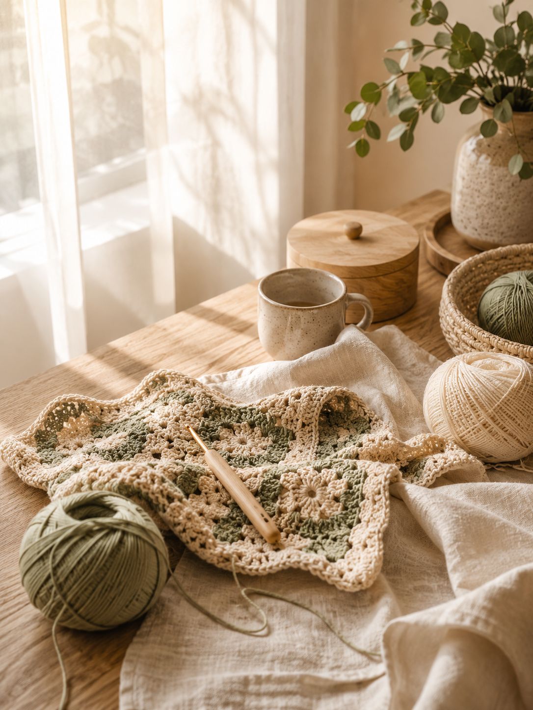 Beginner-friendly granny square crochet project on a wooden table with yarn and cozy handmade decor