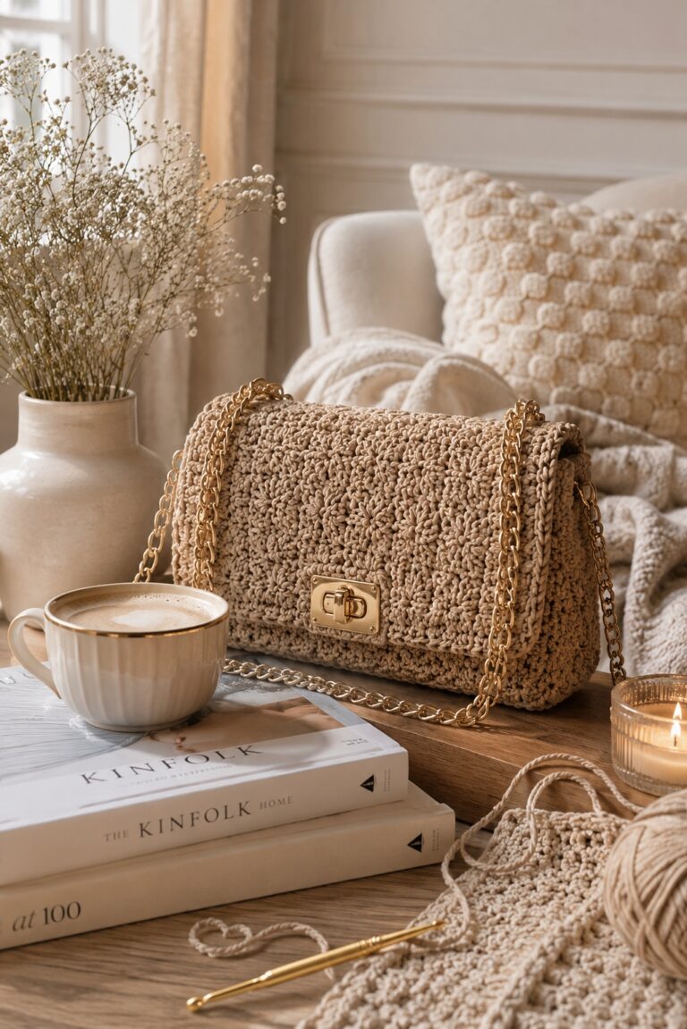 Structured beige crochet handbag with a gold-tone chain in a warm living room