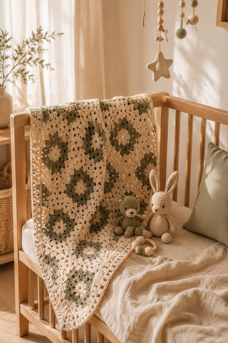 Cute crochet baby blanket with handmade toys in a warm cozy nursery corner