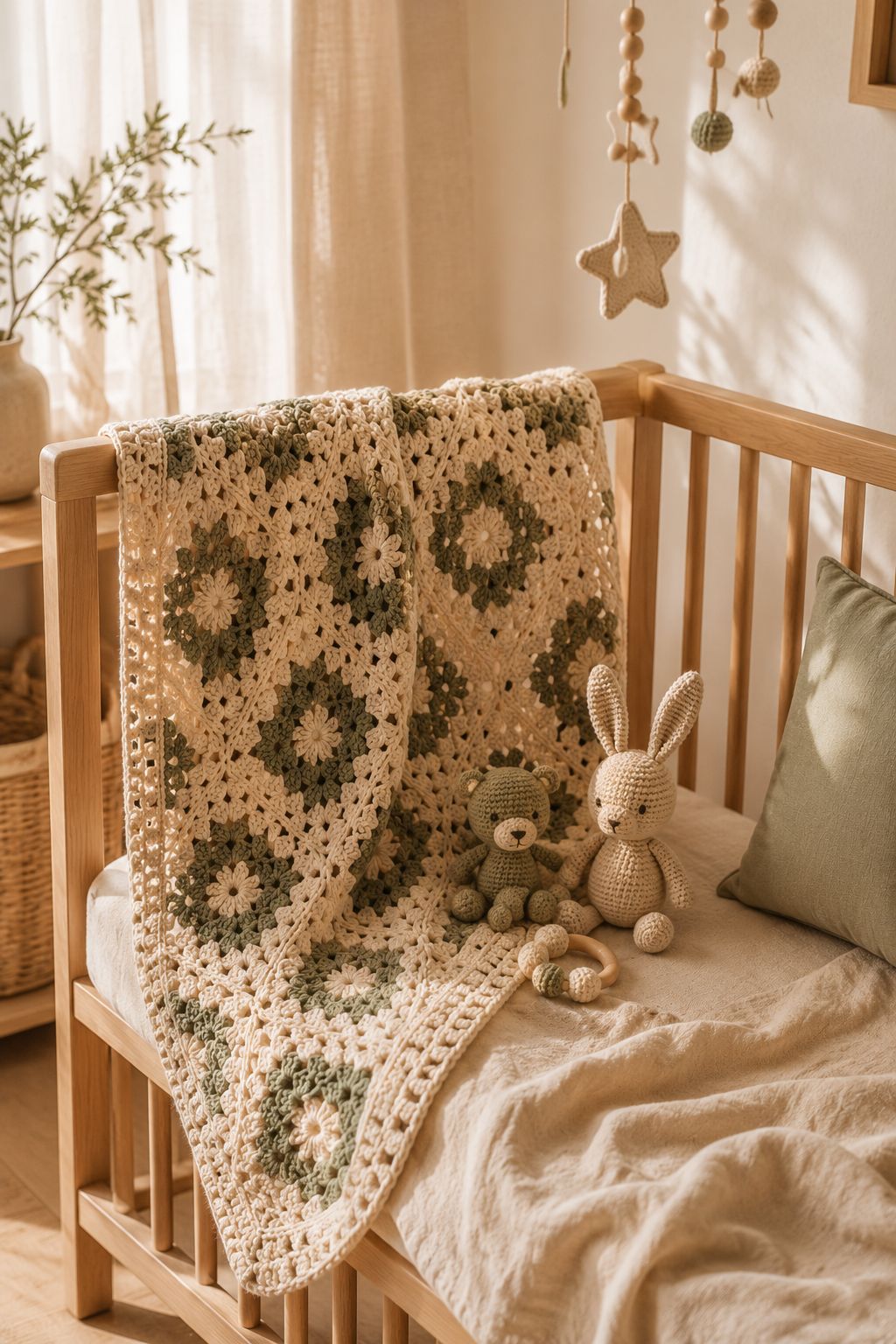 Cute crochet baby blanket with handmade toys in a warm cozy nursery corner