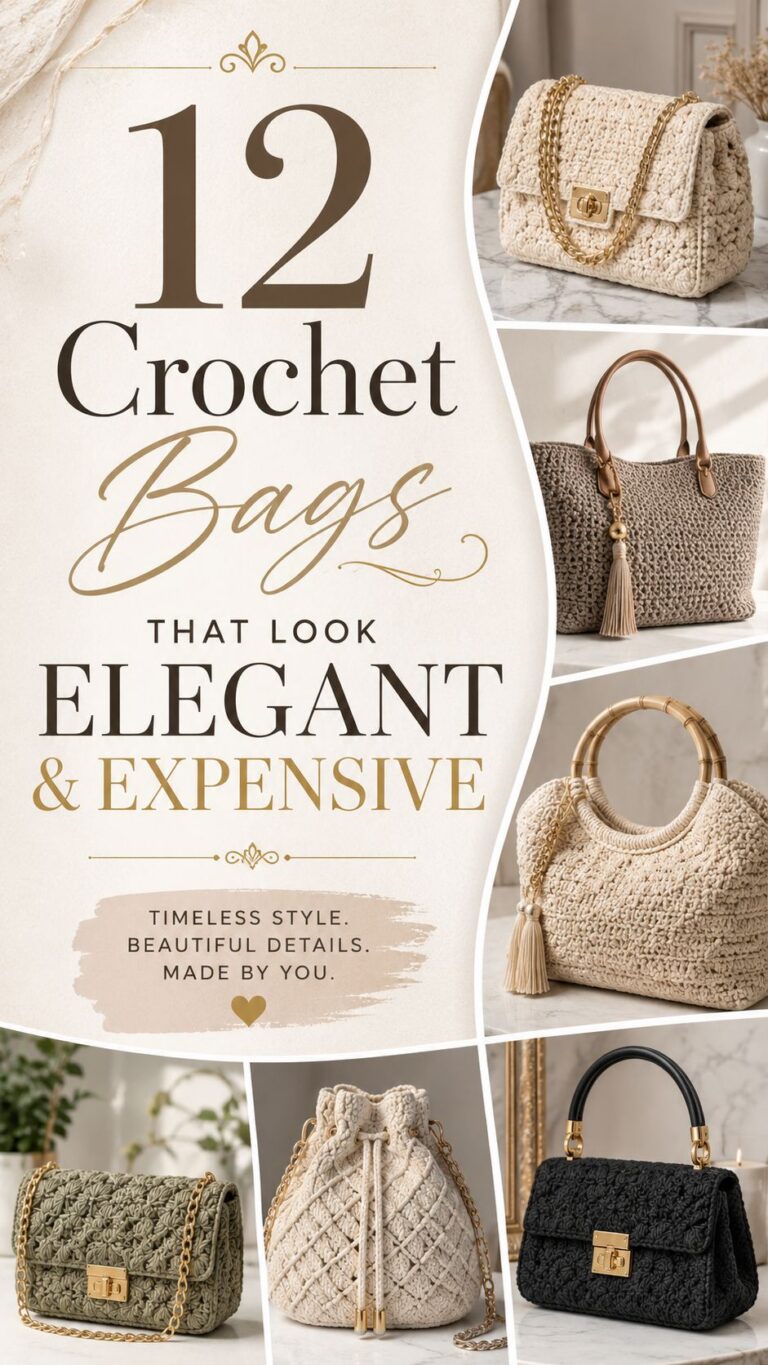 Collage of elegant crochet bag styling ideas in neutral, green, and pink tones