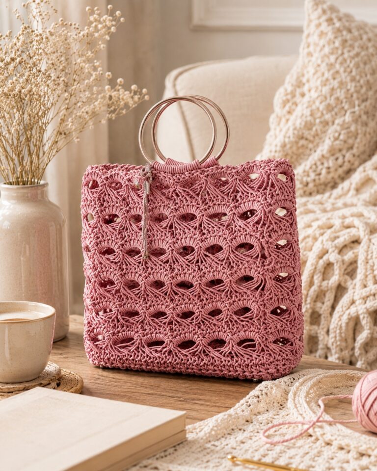Pink openwork crochet handbag with circular gold-tone handles on a small table