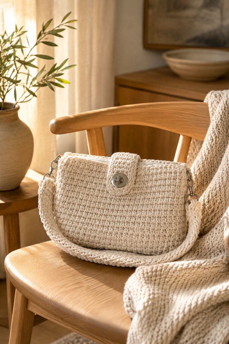 Cream crochet shoulder bag with a flap and gold chain on a wooden chair