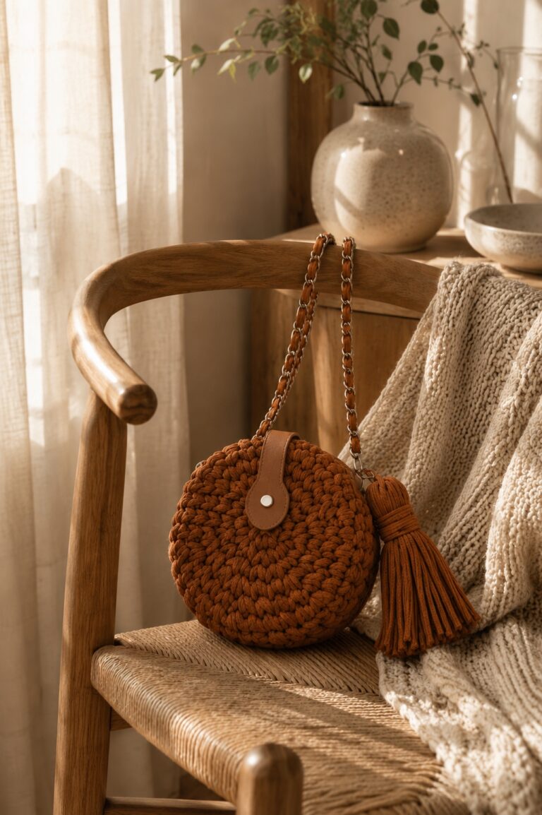 Cream round crochet purse with a short handle against a soft neutral interior