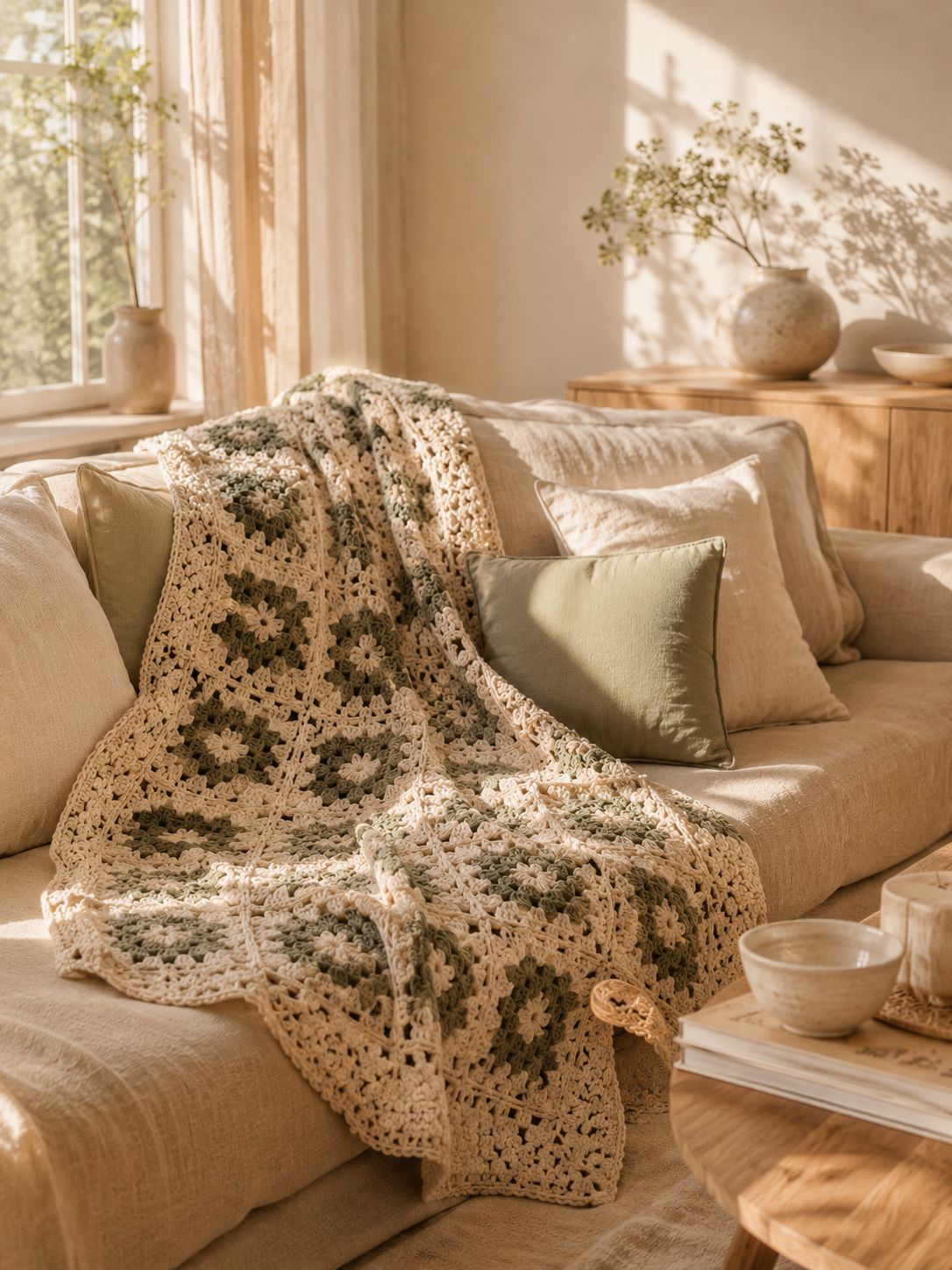 Modern granny square crochet blanket draped over a beige sofa in a warm cozy living room