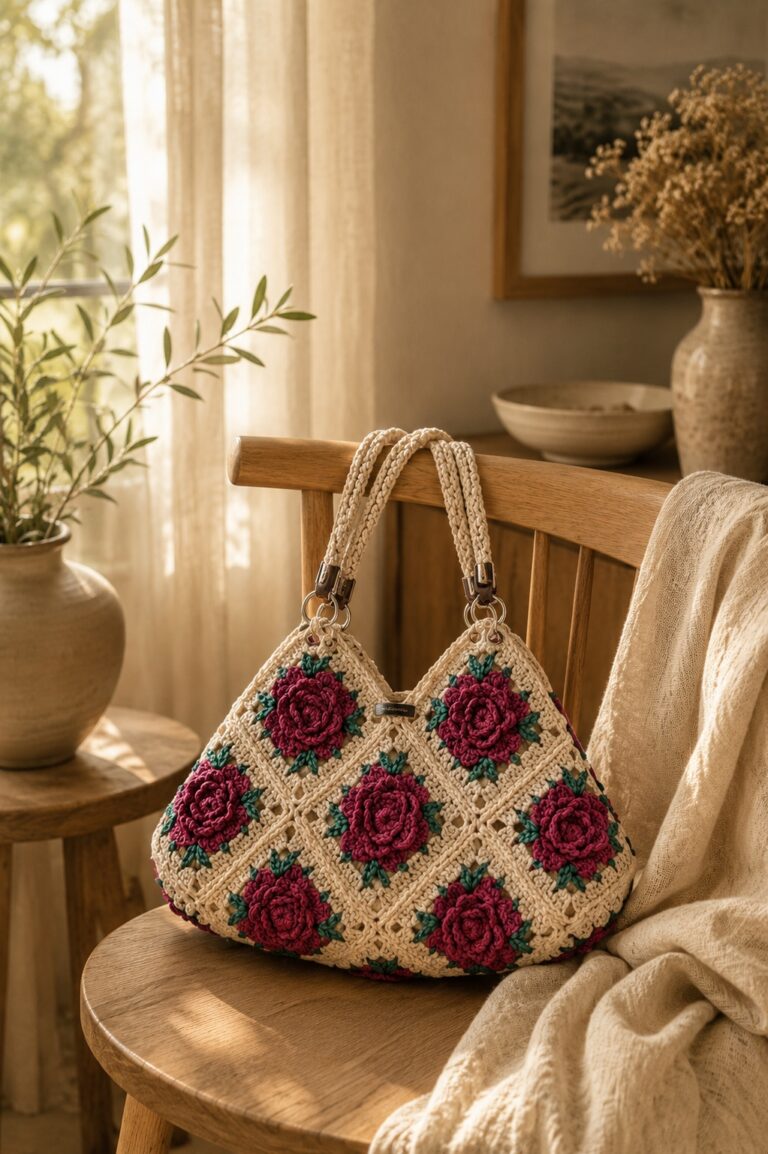 Cream crochet handbag decorated with pink flowers and green leaves in a cozy room