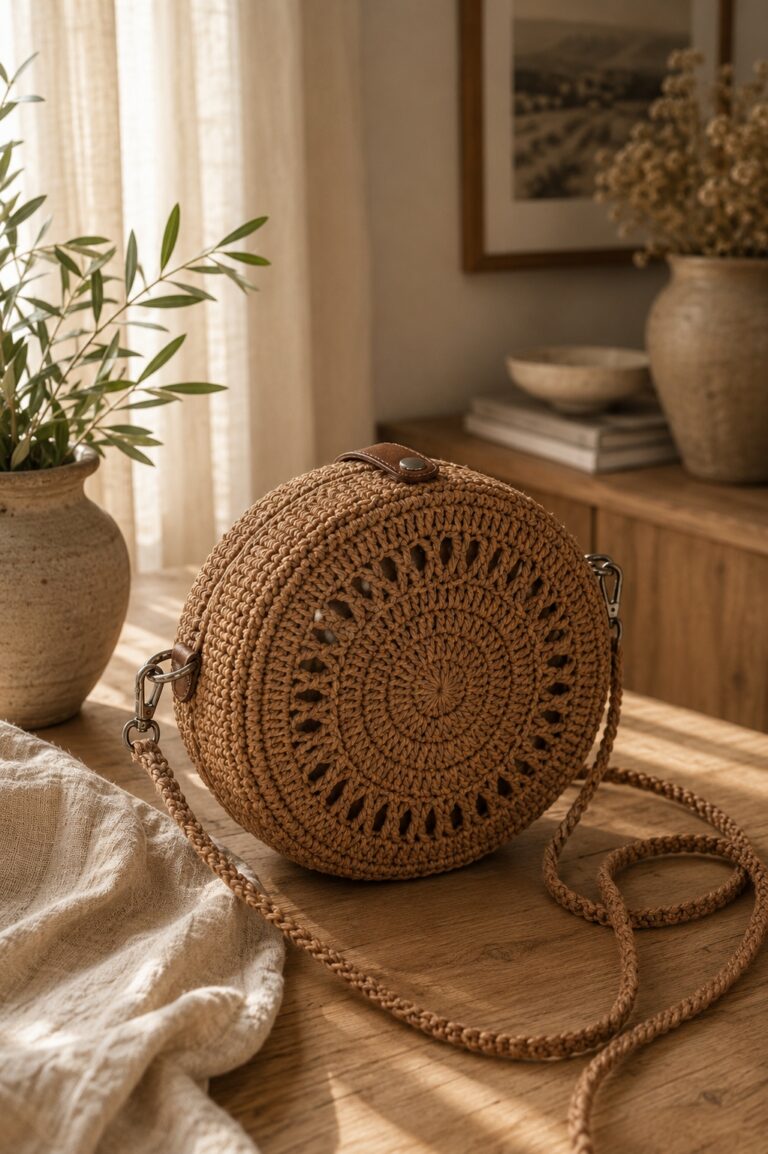 Round natural-tone crochet crossbody bag with a long strap on a wooden chair