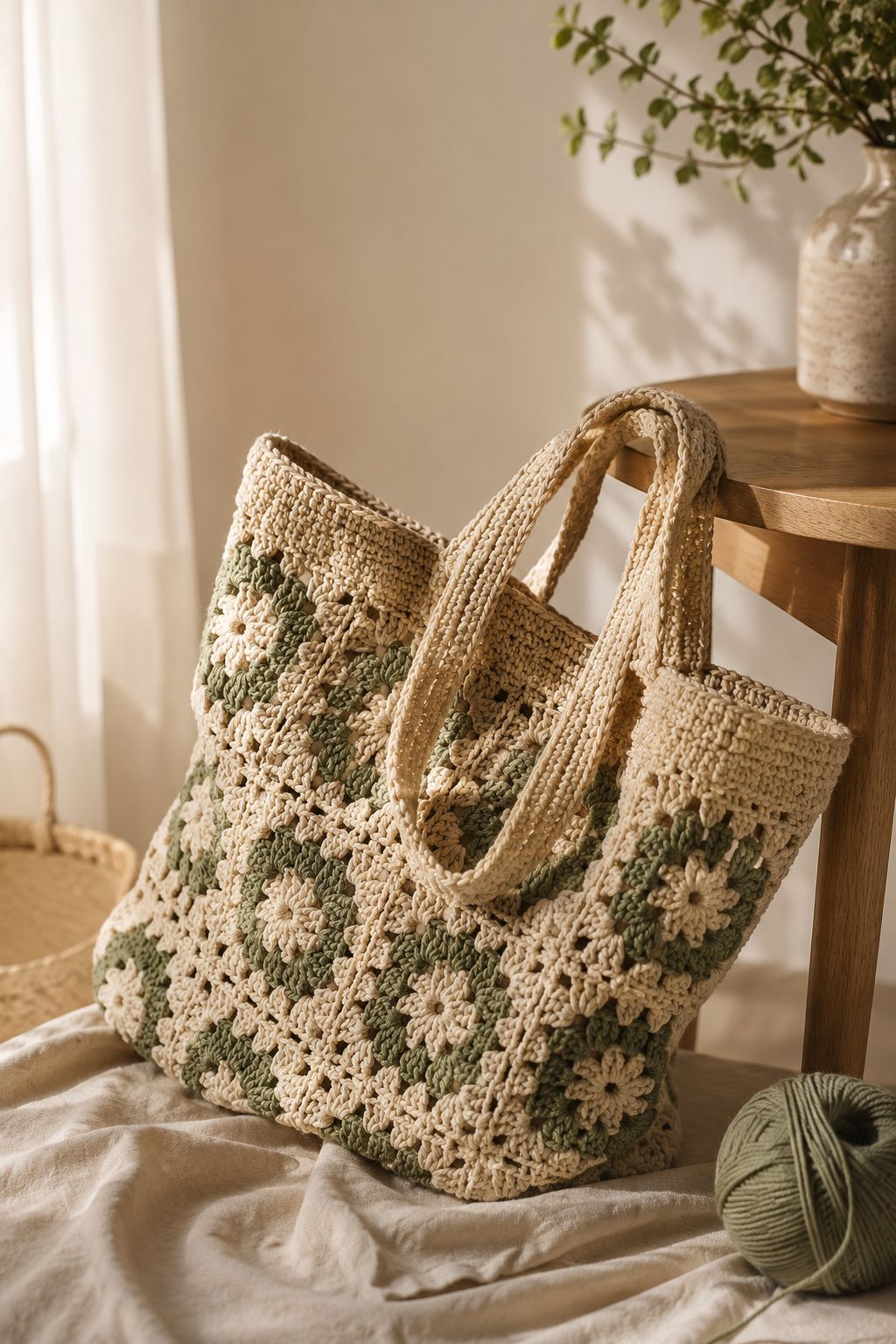 Handmade sage green granny square crochet tote bag in a warm cozy Scandinavian interior
