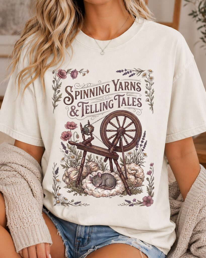 Spinning Yarns and Telling Tales spinning wheel shirt by Softstead