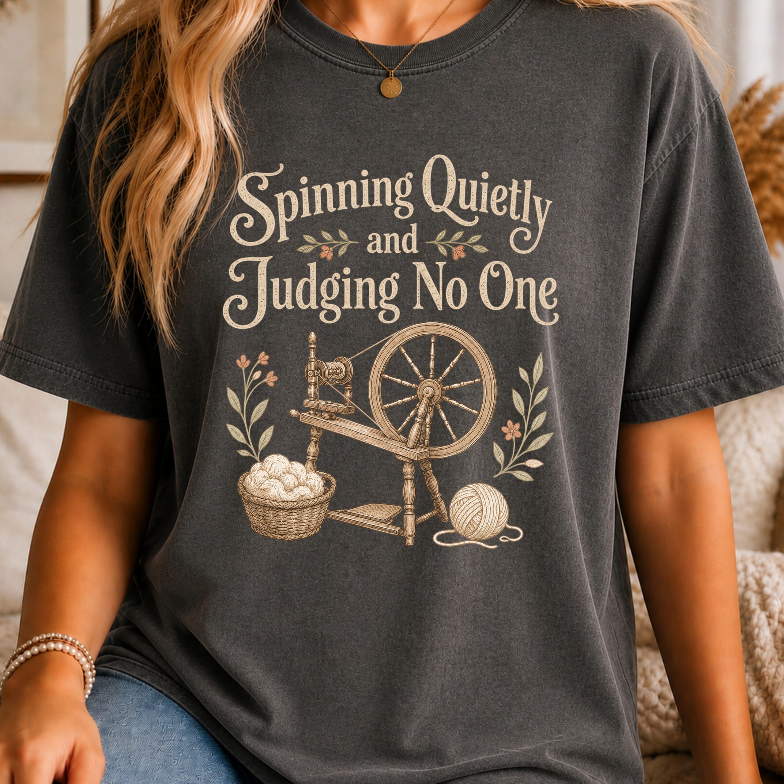 Spinning Quietly and Judging No One spinning wheel shirt by Softstead