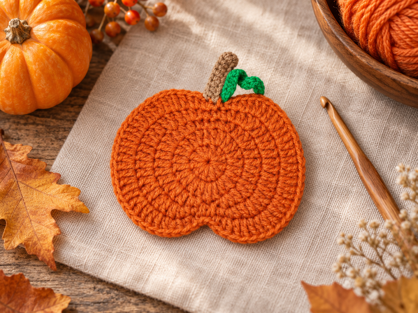 Beginner crochet pumpkin with green leaf styled in a cozy autumn craft scene