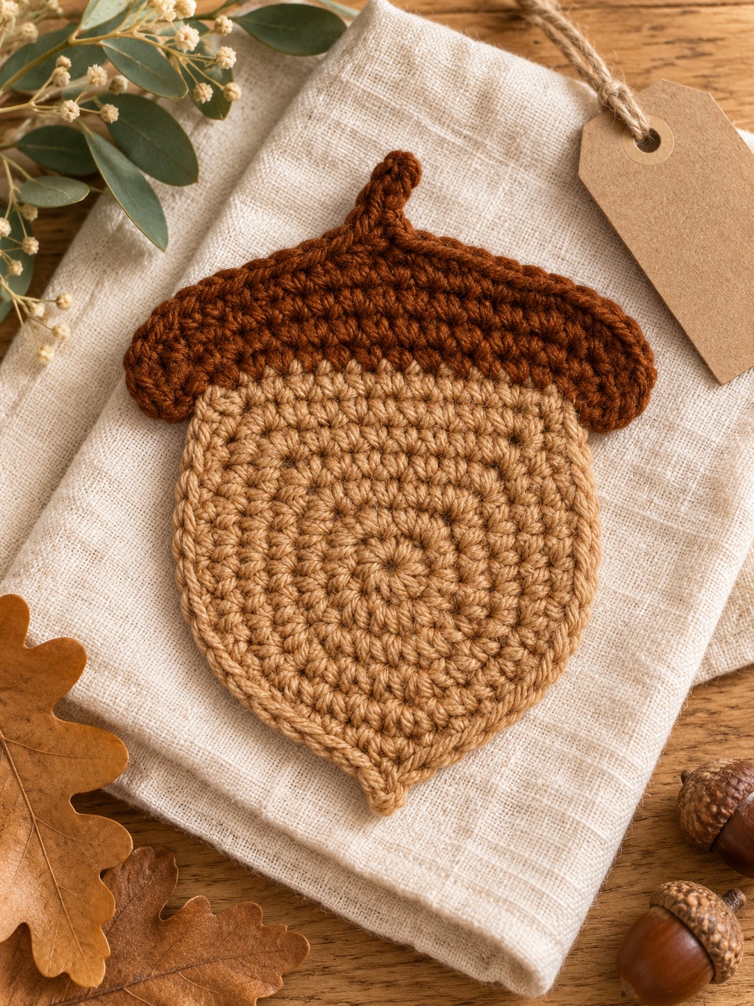 Flat tan and brown crochet acorn styled with a gift tag