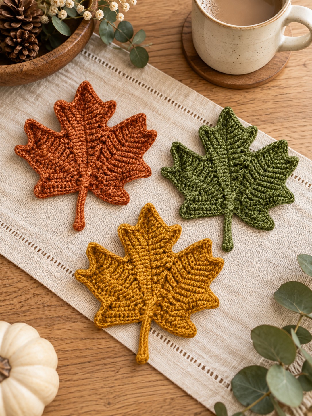 Rust, olive and golden crochet maple leaves on cream linen