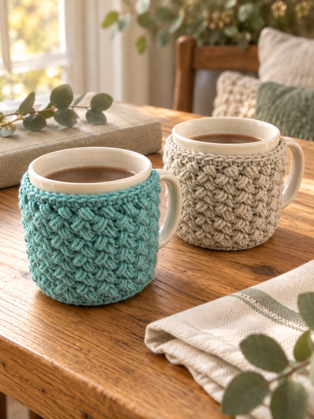 Teal and oatmeal crochet mug cozies on cream mugs