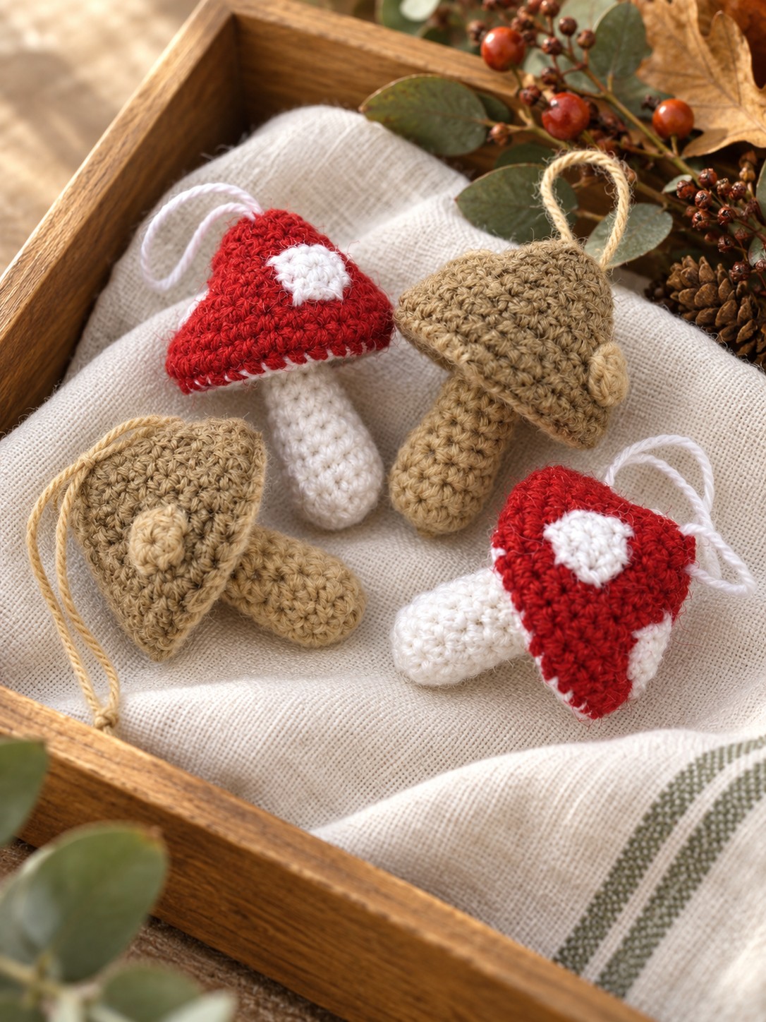 Crochet mushroom ornaments on a linen-lined wooden tray