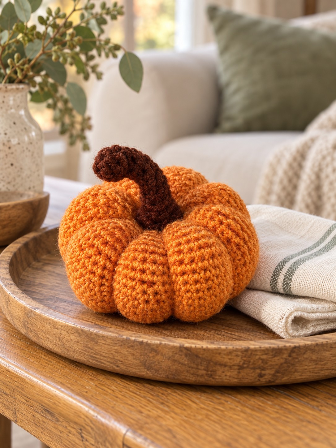 Orange crochet pumpkin on a wooden tray in a cozy autumn living room