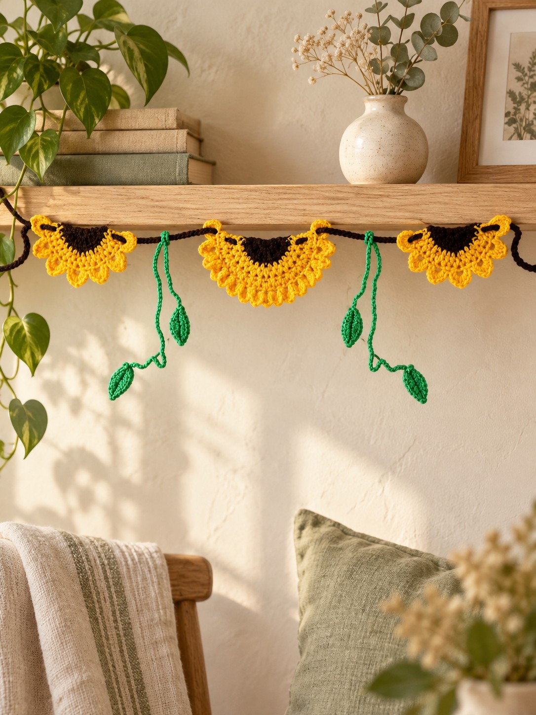 Crochet sunflower bunting with green leaves on a wooden shelf