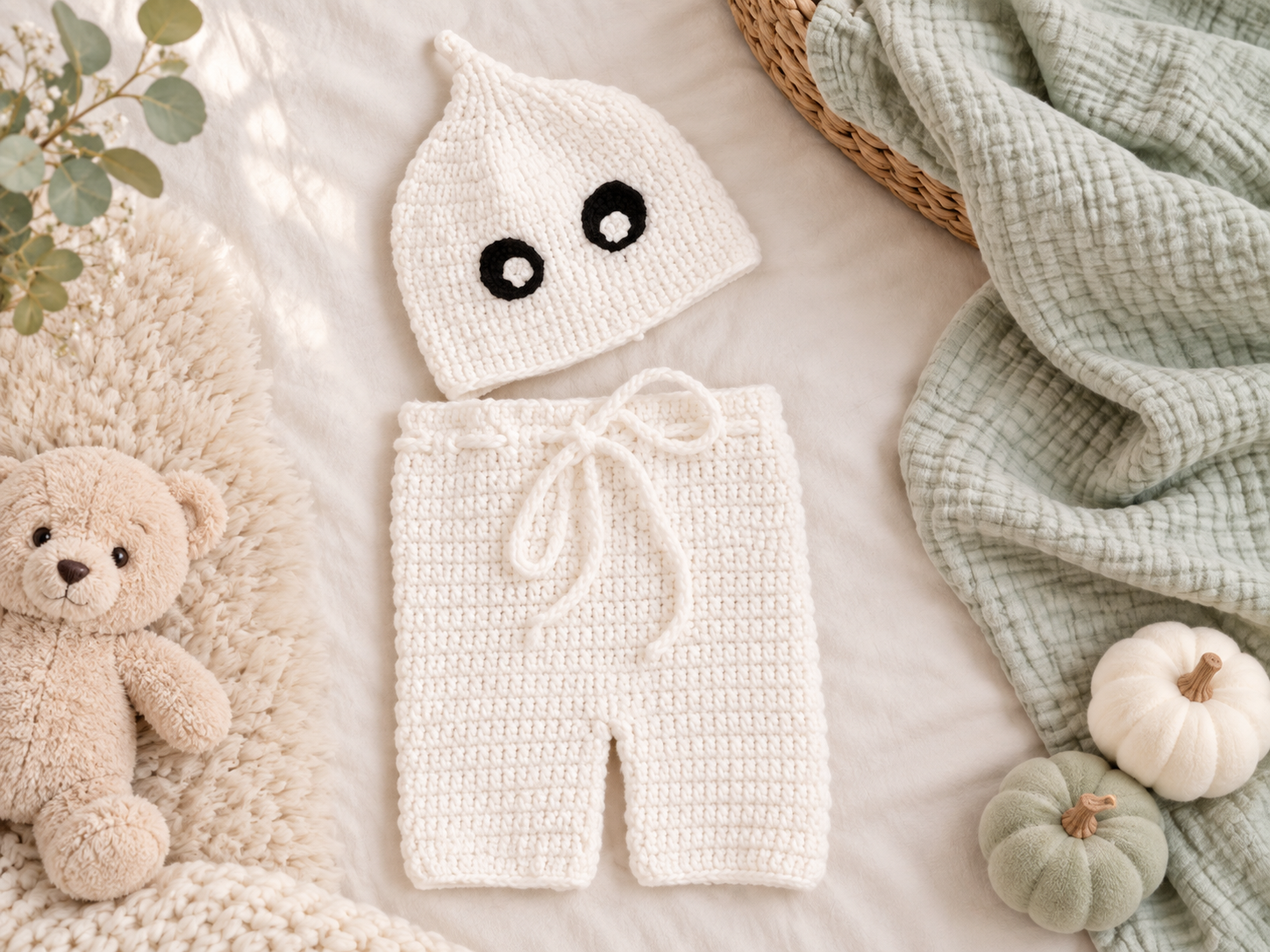 Ghost baby costume crochet pattern with white hat and pants