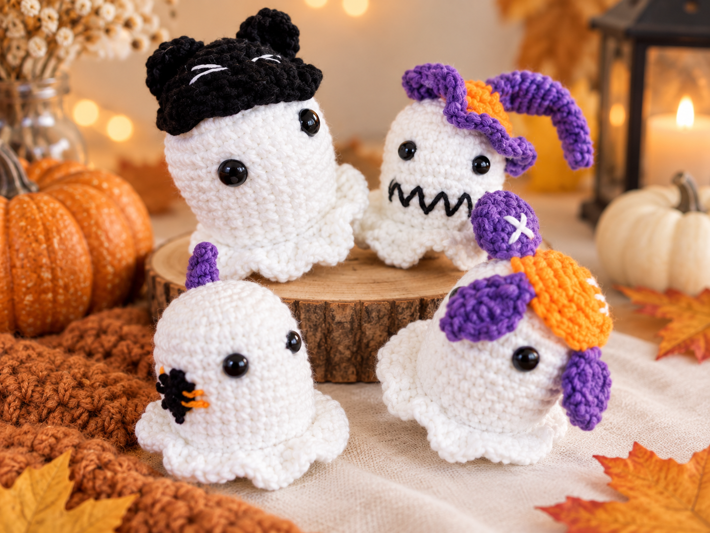 Ghost crochet pattern PDF amigurumi with four Halloween ghost designs