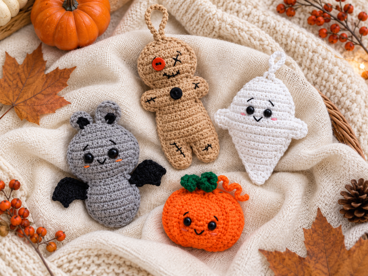 Flat Halloween crochet toys with a ghost bat voodoo doll and pumpkin