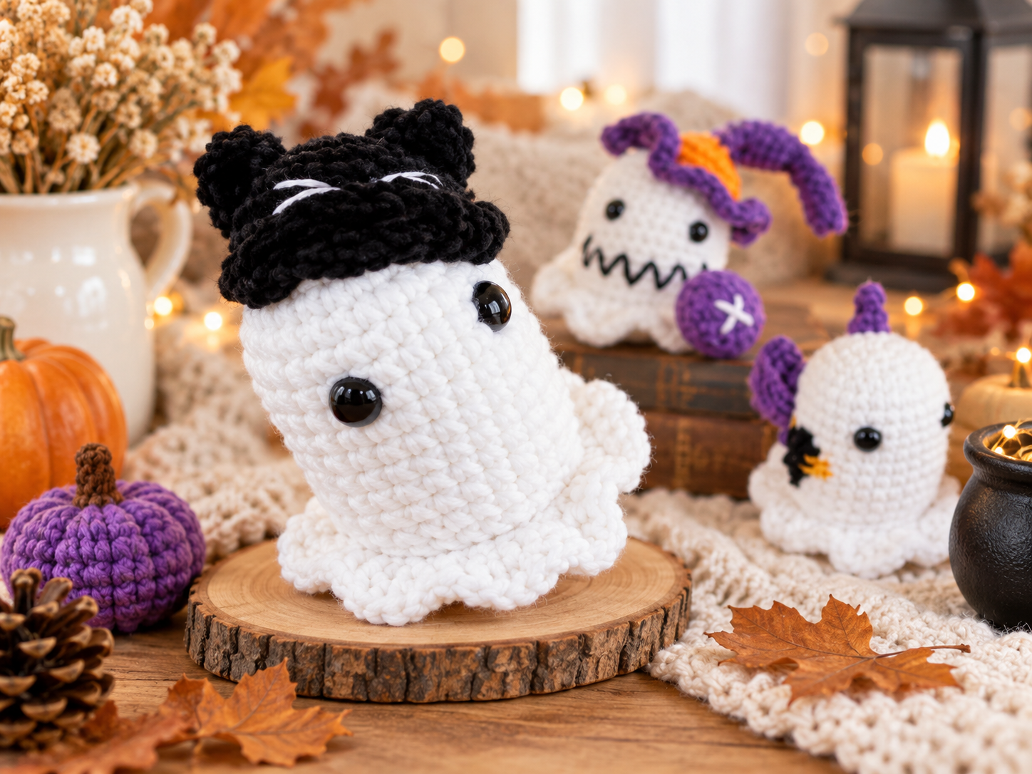 White crochet ghost amigurumi with witch hat and purple Halloween accents