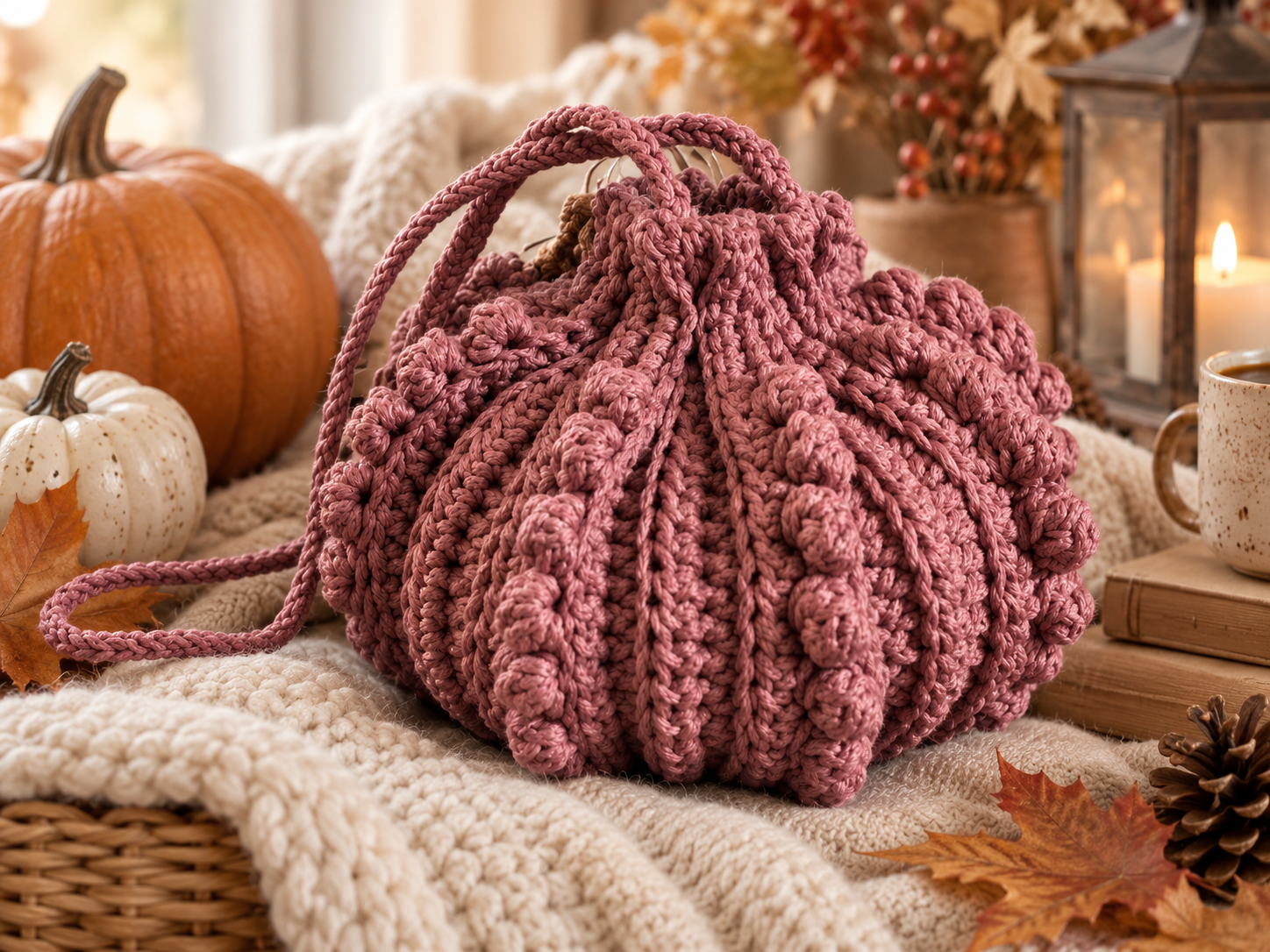 Dusty rose crochet pumpkin bobble bag with drawstring in autumn decor