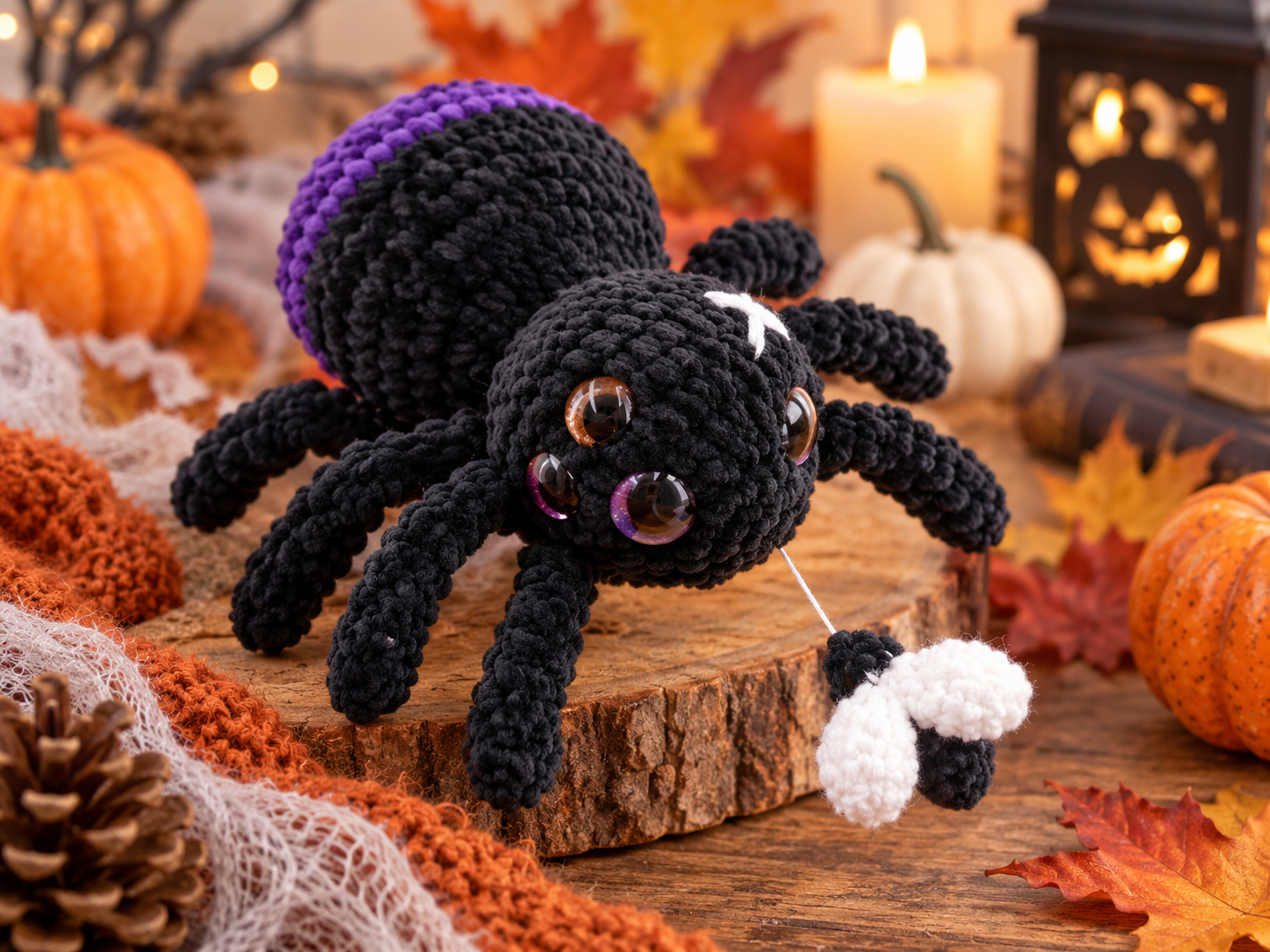Black and purple interactive crochet spider styled with autumn Halloween decor
