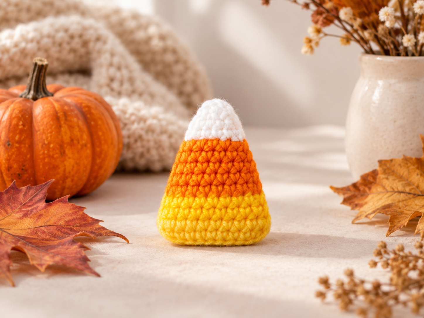 Crochet candy corn in white orange and yellow styled for Halloween