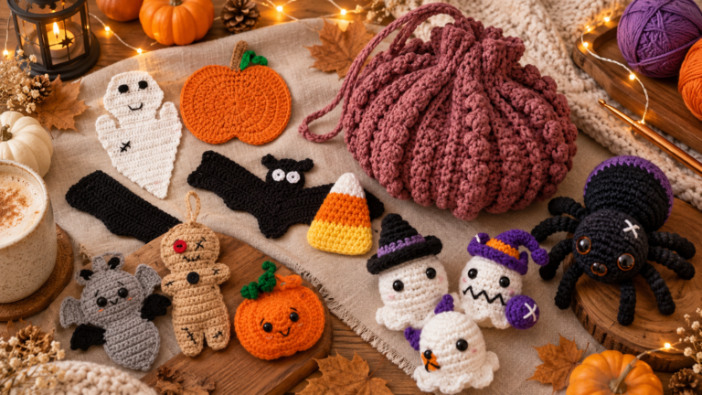 Easy Halloween crochet patterns for beginners with pumpkins ghosts bats candy corn and amigurumi