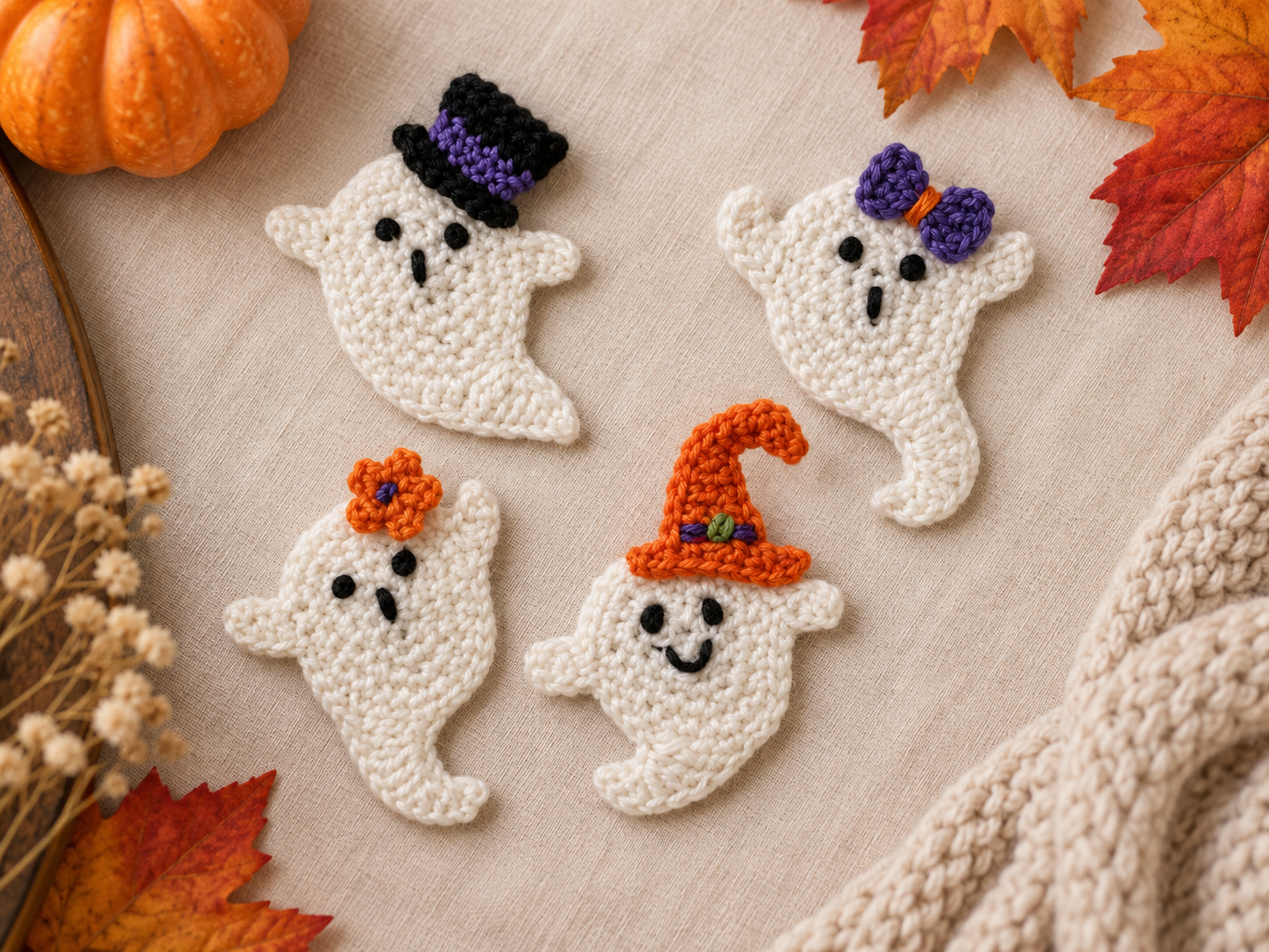 Halloween ghosts crochet applique with four cute ghost motifs