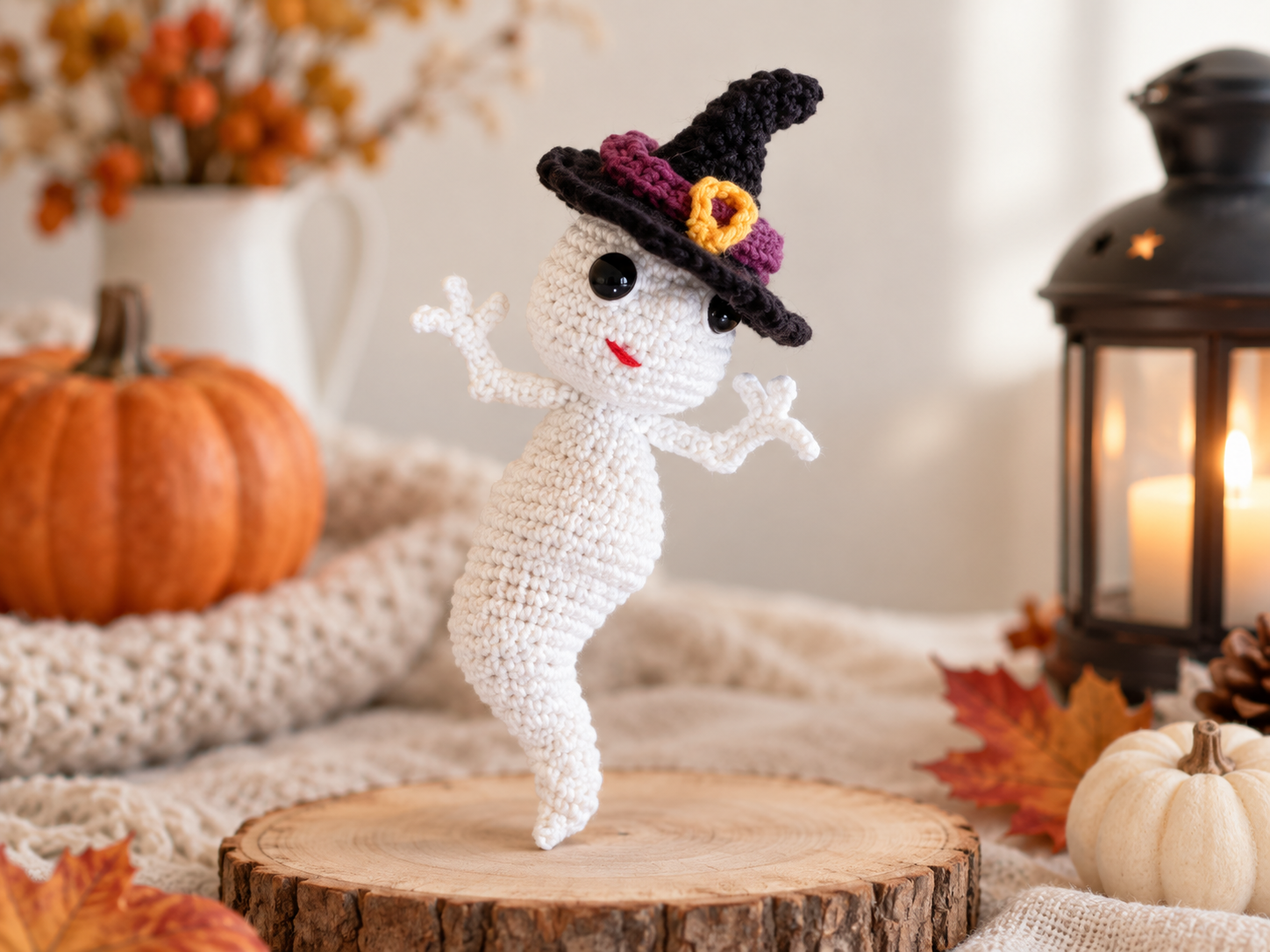 Cute crochet ghost with witch hat Halloween pattern