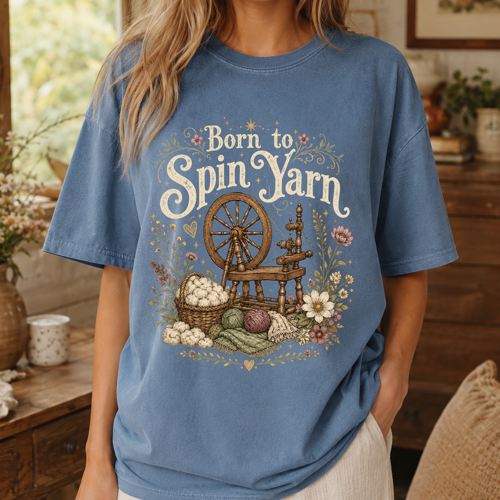 Softstead Born to Spin Yarn blue T-shirt with a spinning wheel, yarn and flowers