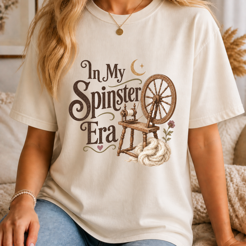 Softstead In My Spinster Era shirt with an antique spinning wheel and wool design