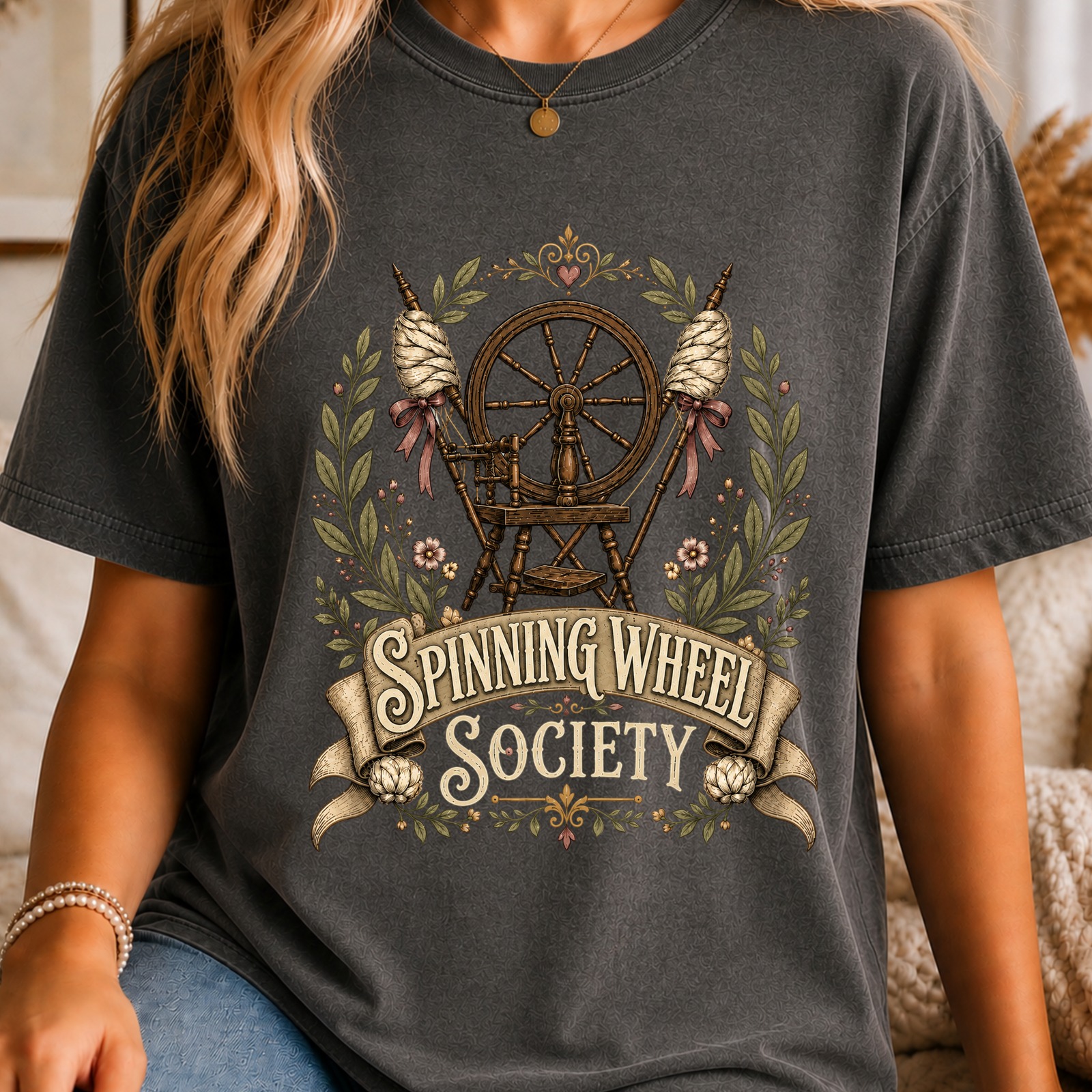 Softstead Spinning Wheel Society T-shirt with a vintage spinning wheel and botanical details