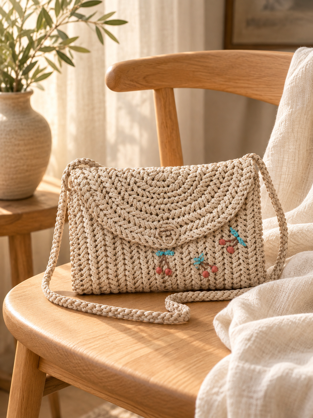 AI-styled beige raffia clutch with embroidered accents and a crochet strap on a wooden chair