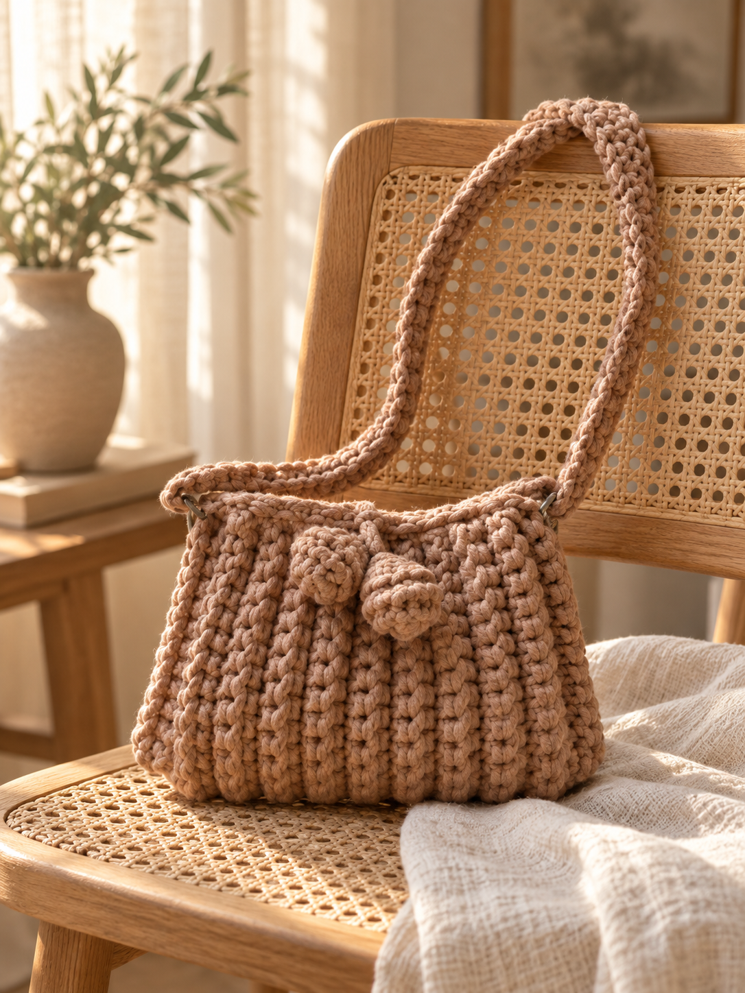 AI-styled cappuccino ribbed crochet crossbody bag on a cane-back chair