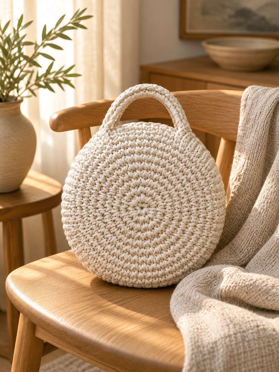 AI-styled cream circular crochet handbag with short handles on a wooden chair