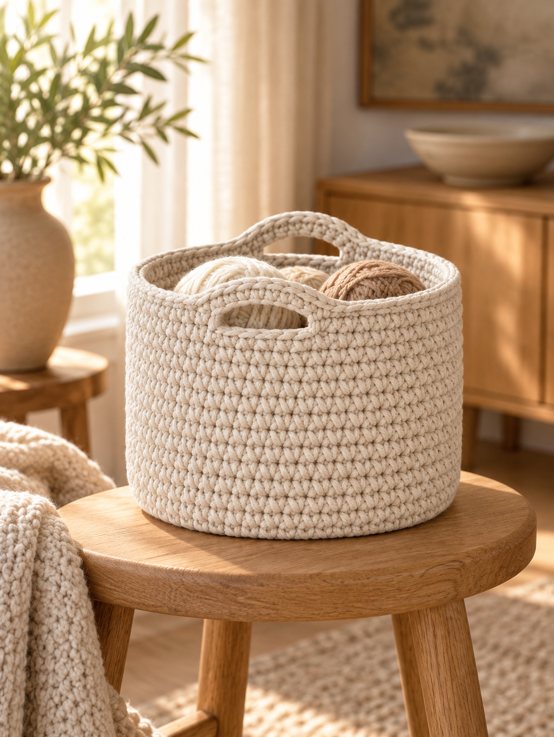 AI-styled oatmeal crochet storage basket with two integrated handles on a wooden stool
