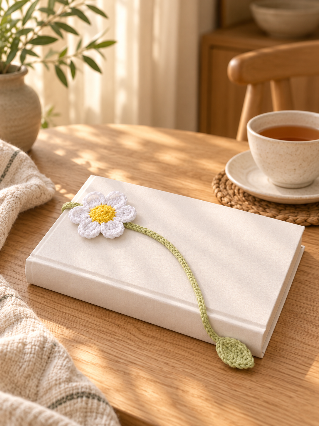 AI-styled white daisy crochet bookmark with a yellow center and pale green stem on an ivory book