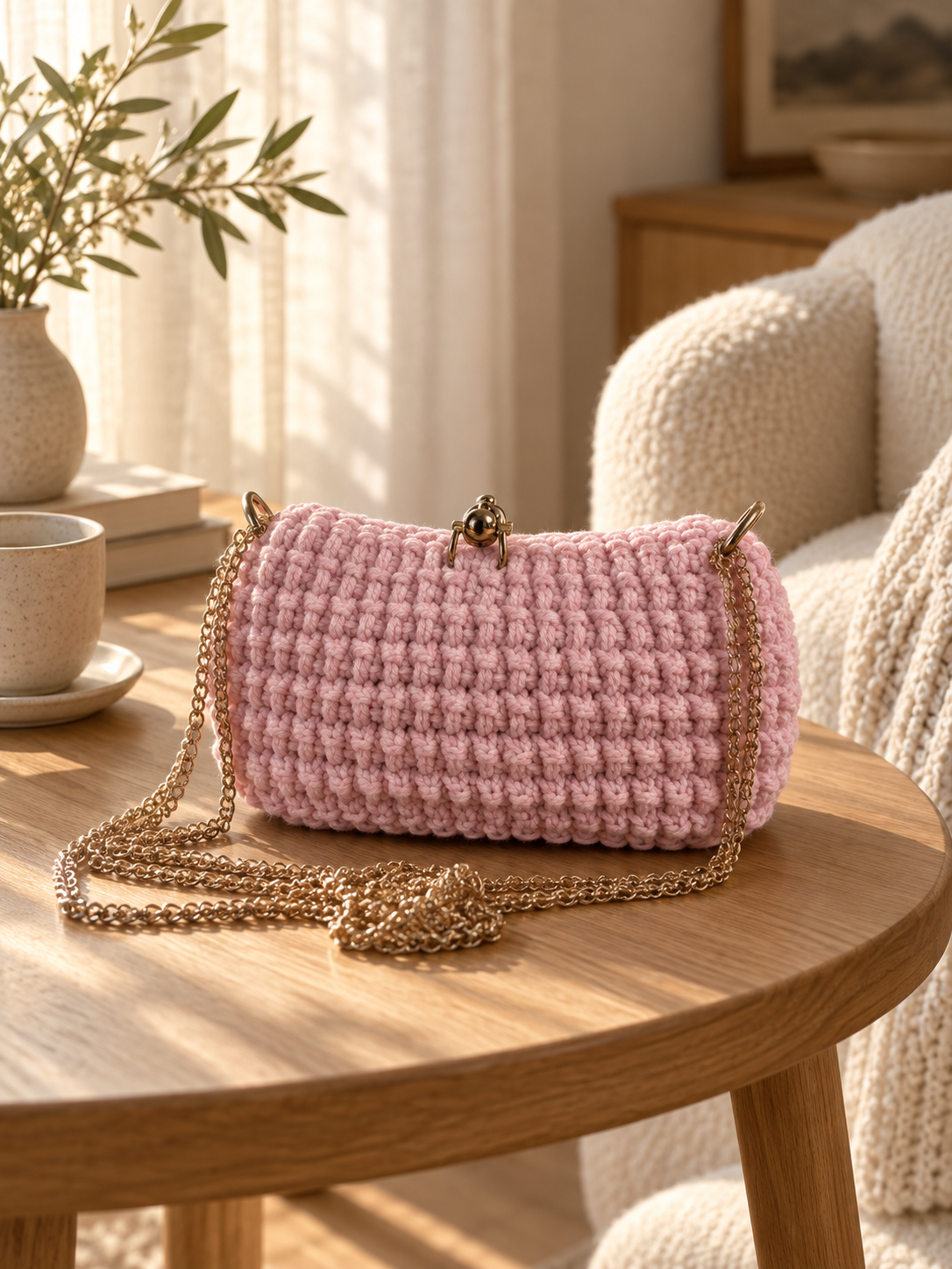 AI-styled dusty pink crochet handbag with a gold-tone chain on a wooden side table