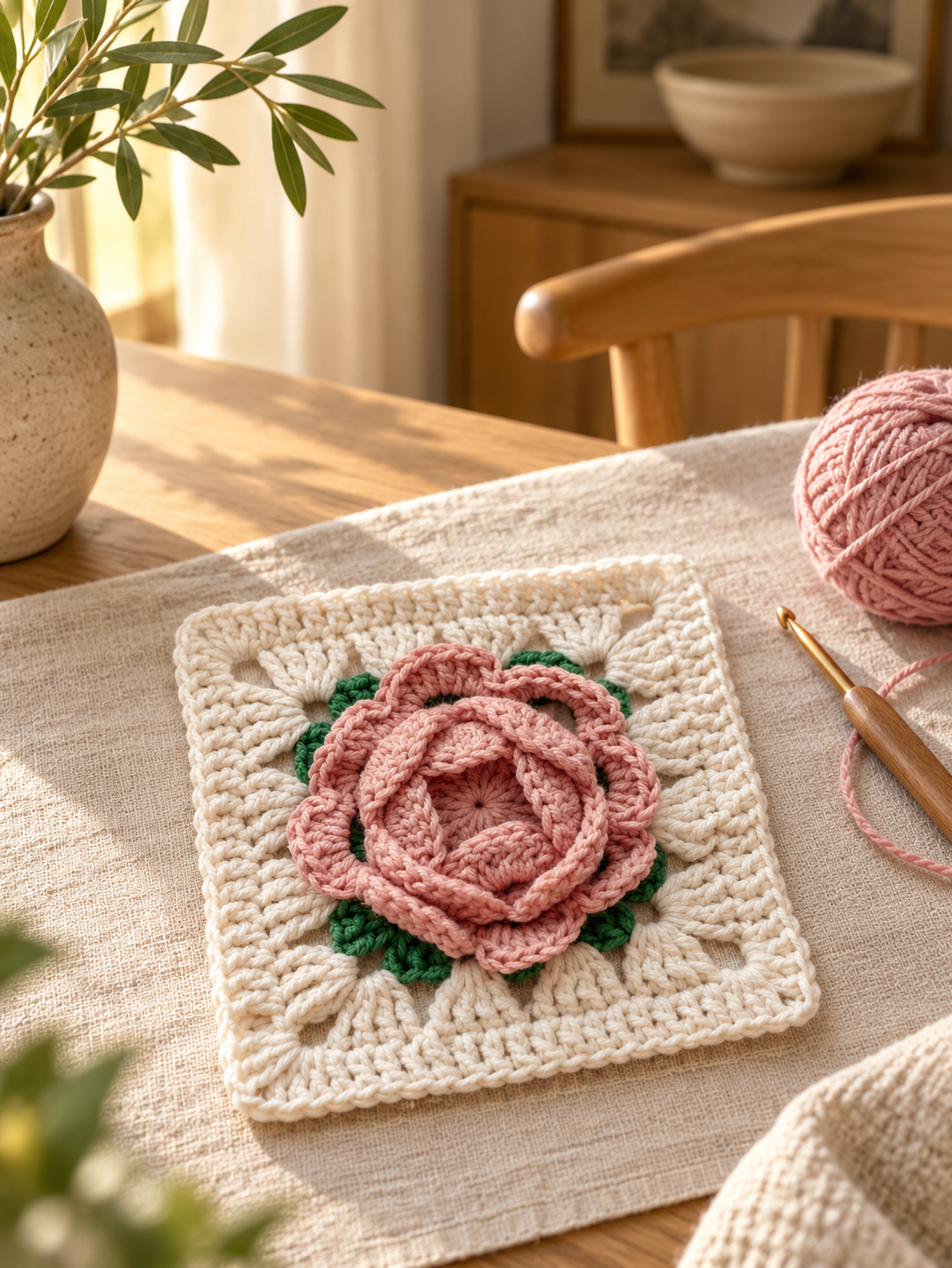 AI-styled cream granny square with a raised dusty pink rose and green leaves
