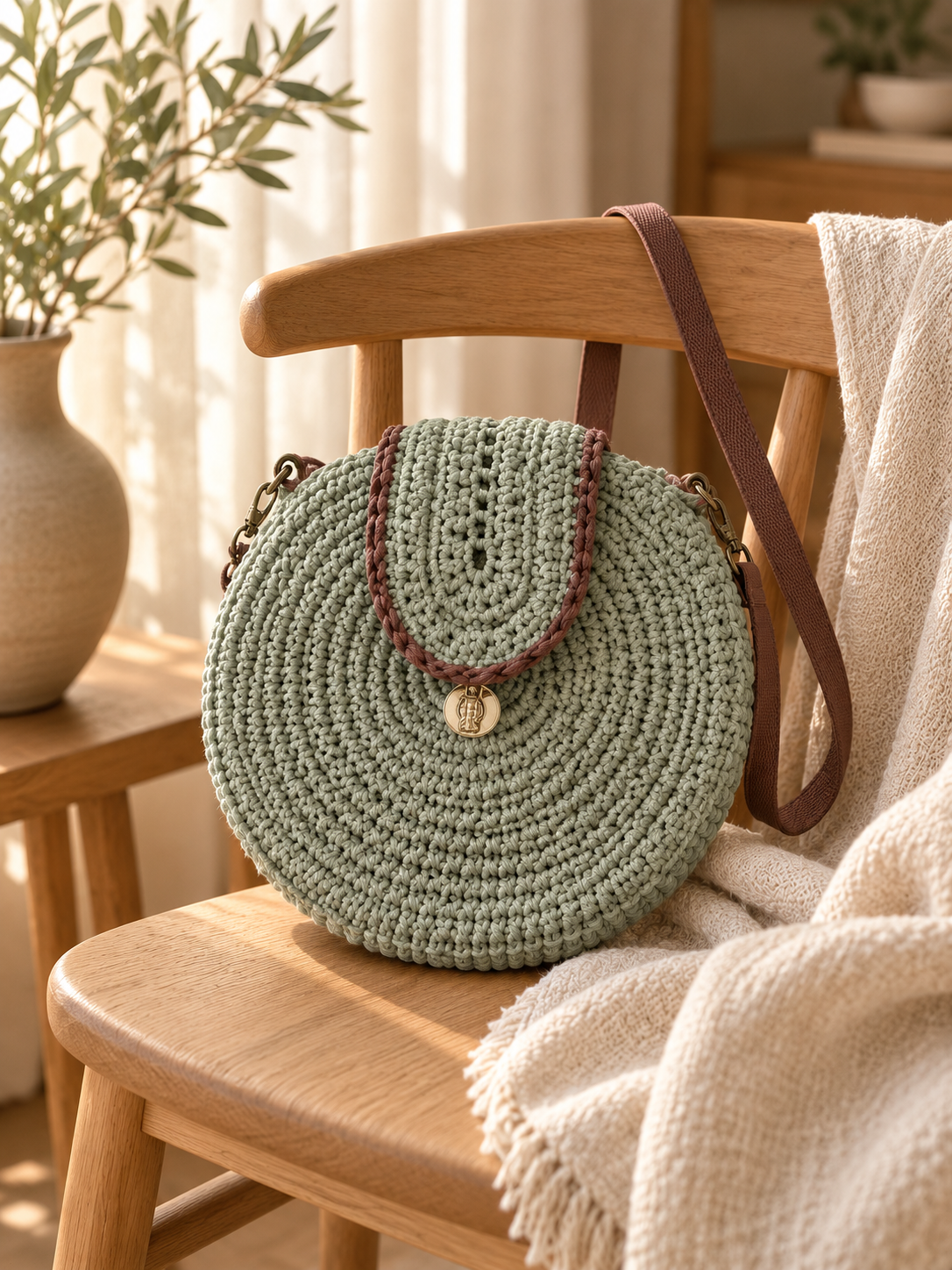 AI-styled sage Rouoli crochet shoulder bag with a brown strap on a wooden chair