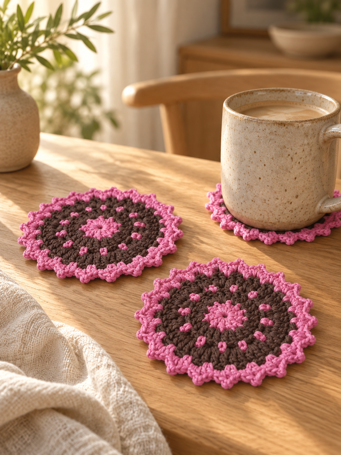 AI-styled pink and brown scalloped crochet coasters on a sunlit wooden table