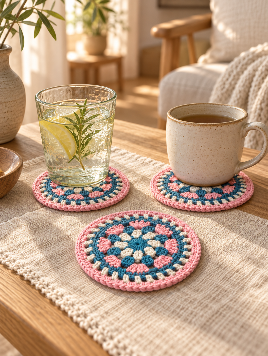 AI-styled pink teal and cream round crochet coasters beside a mug and glass