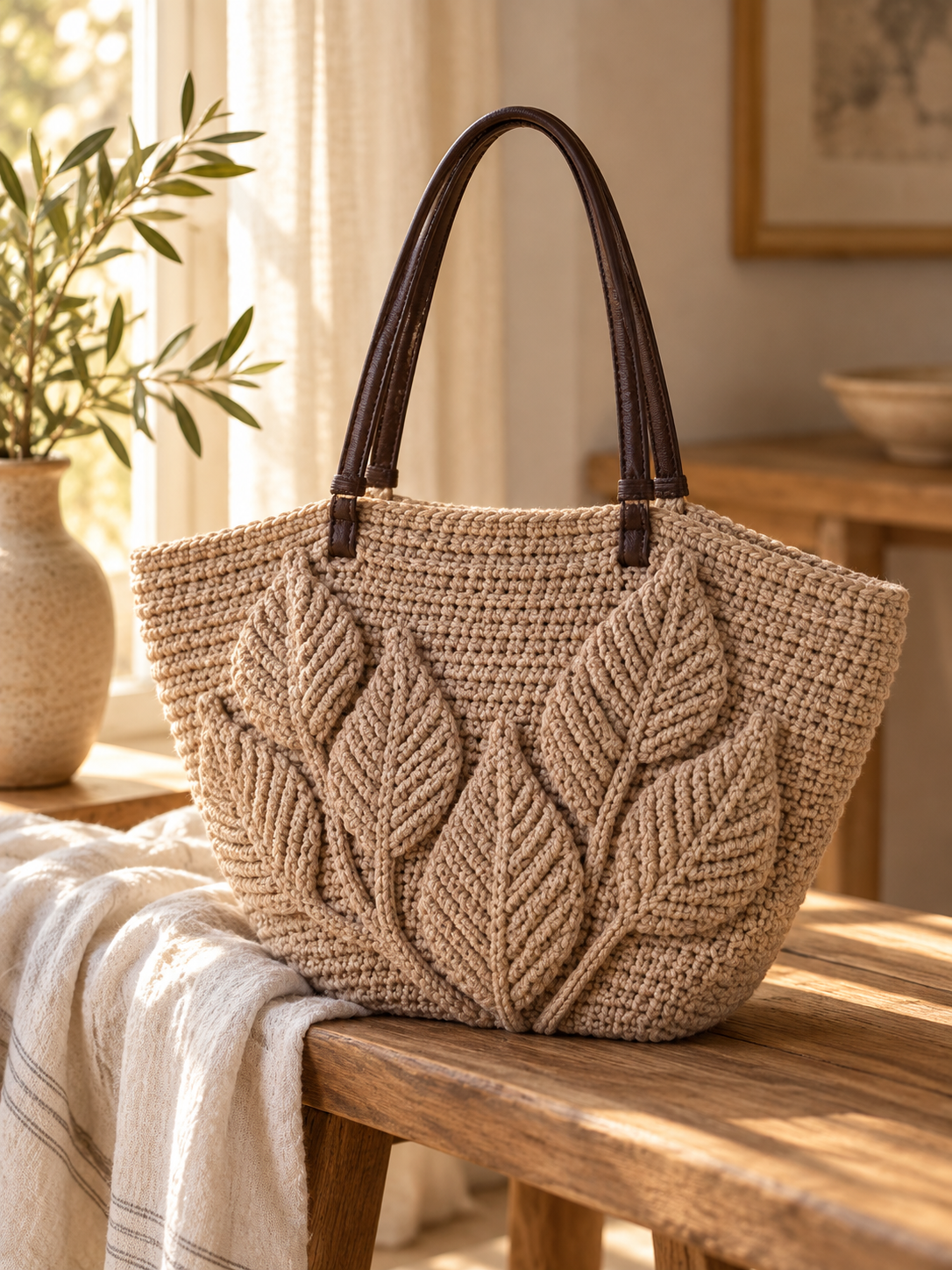AI-styled taupe crochet tote with raised leaf motifs and dark handles on a wooden bench
