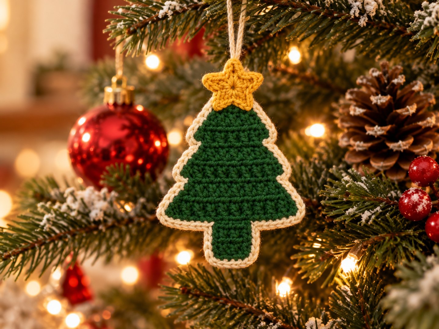 Green crochet Christmas tree ornament with cream edging and golden star