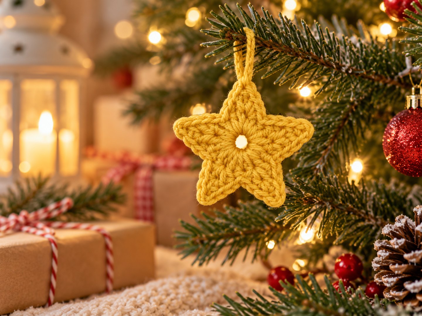 Crochet Christmas ornaments for beginners featuring a golden crochet star