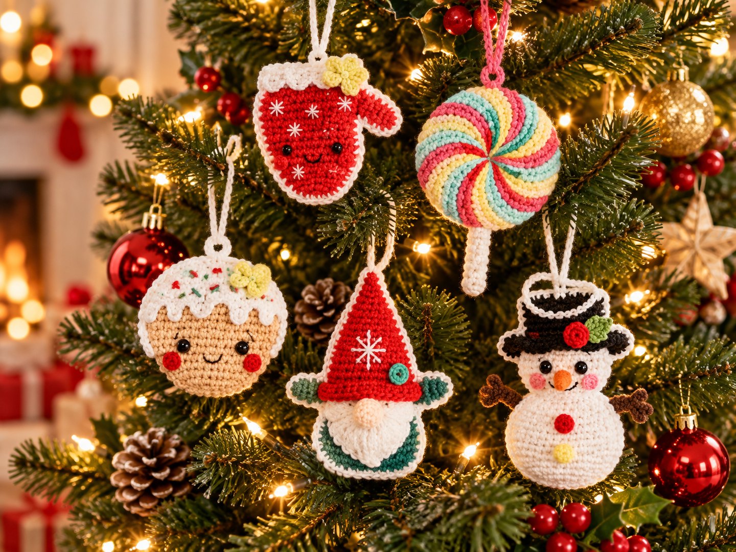 Colorful crochet Christmas ornament set with mitten lollipop gnome snowman and character designs